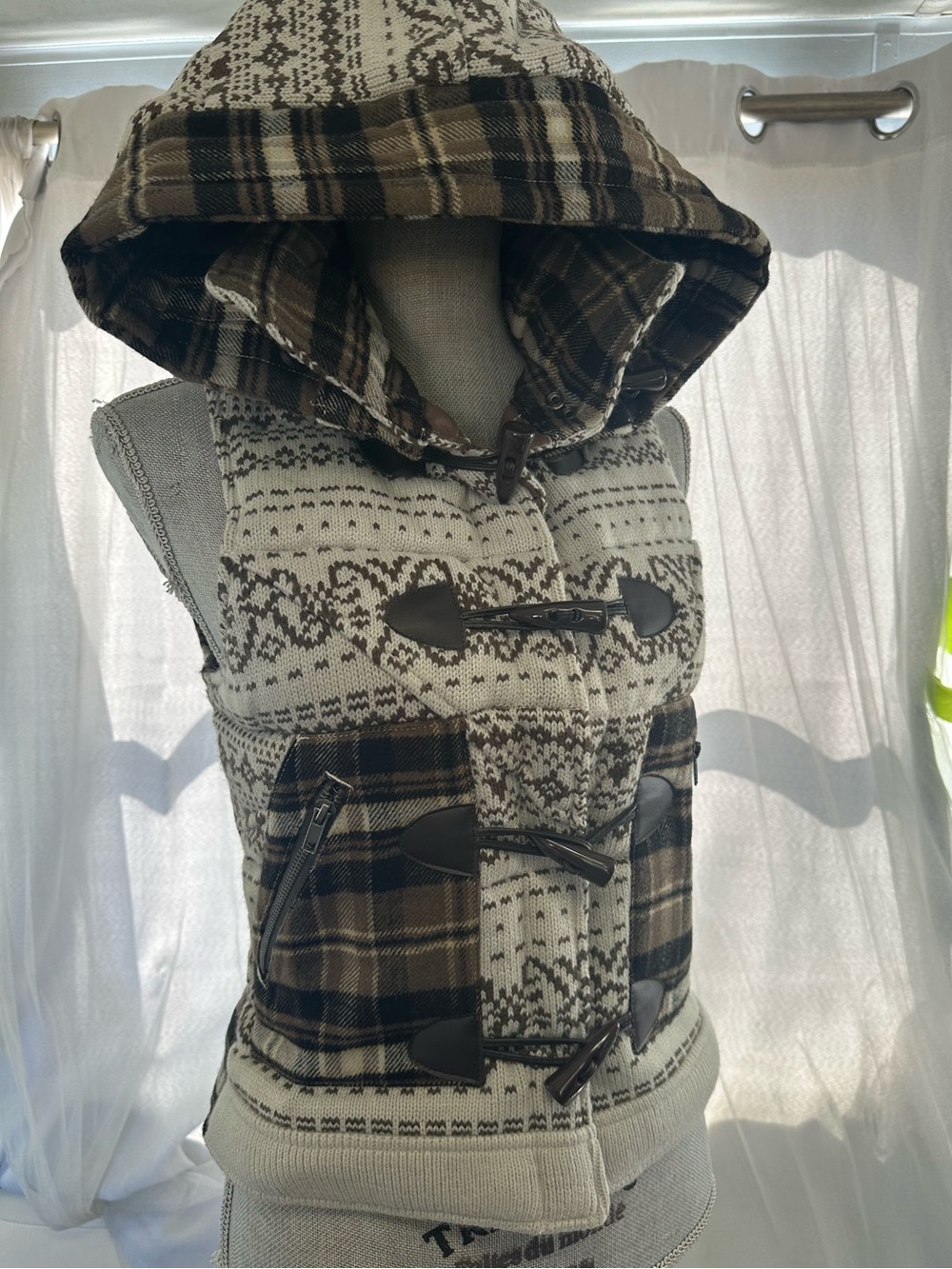 Papaya Hooded Plaid & Cream Toggle Vest
